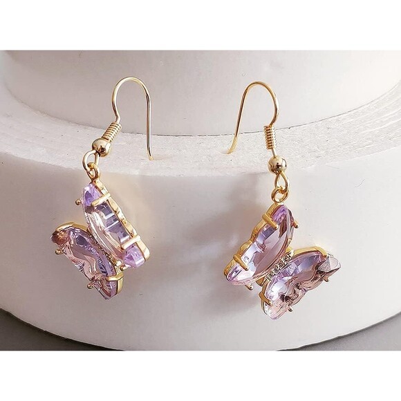 CZ Butterfly Glass Drop Dangle Earrings Silver Post Cubic Zirconia Gold Plated - Picture 3 of 4